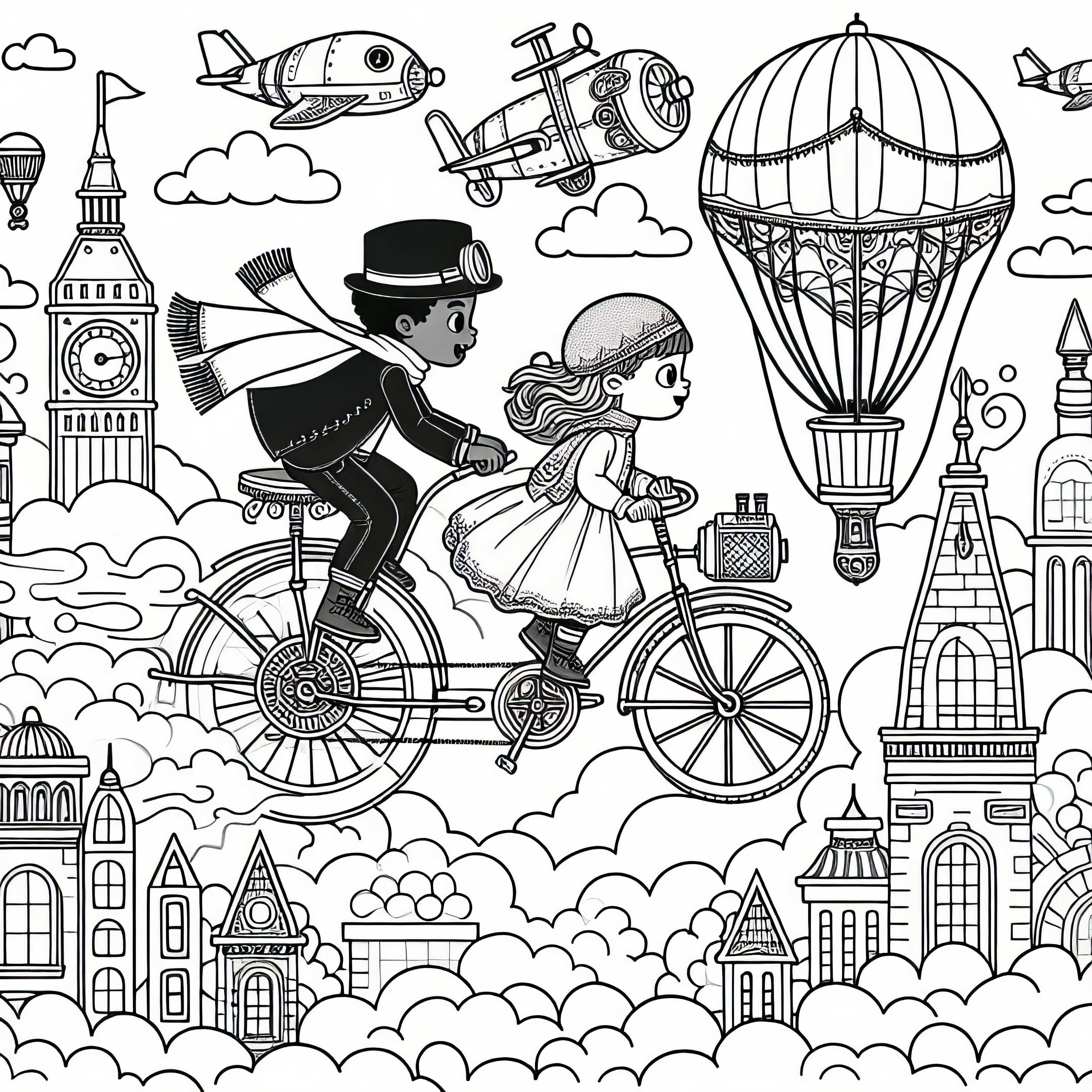 Dua anak terbang dengan sepeda melalui kota awan - Template mewarnai Steampunk Gratis