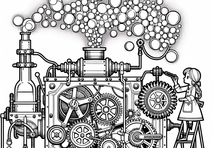 Gadis memutar mesin raksasa yang mengeluarkan gelembung sabun dengan cetakan gambar Steampunk gratis