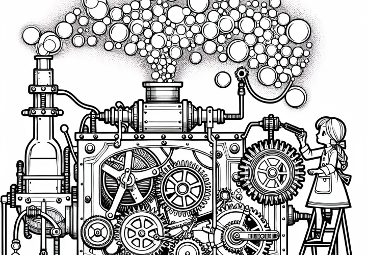 Gadis memutar mesin raksasa yang mengeluarkan gelembung sabun dengan cetakan gambar Steampunk gratis