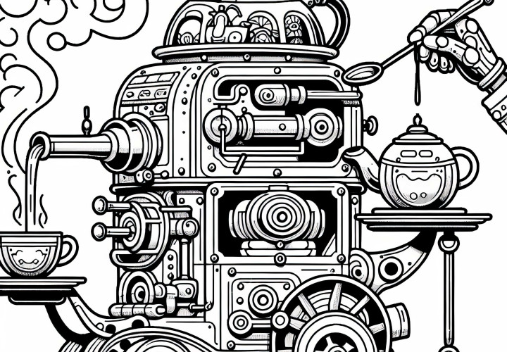 Mesin teh beruap menyajikan teh di atas nampan - Gambar pewarnaan Steampunk gratis
