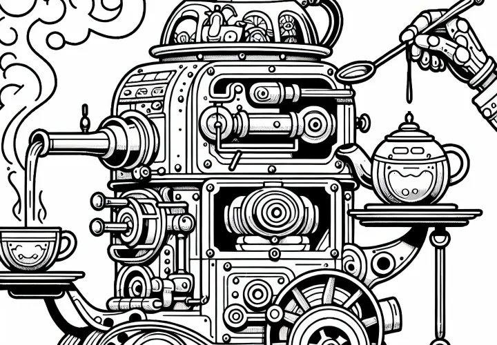 Mesin teh beruap menyajikan teh di atas nampan - Gambar pewarnaan Steampunk gratis