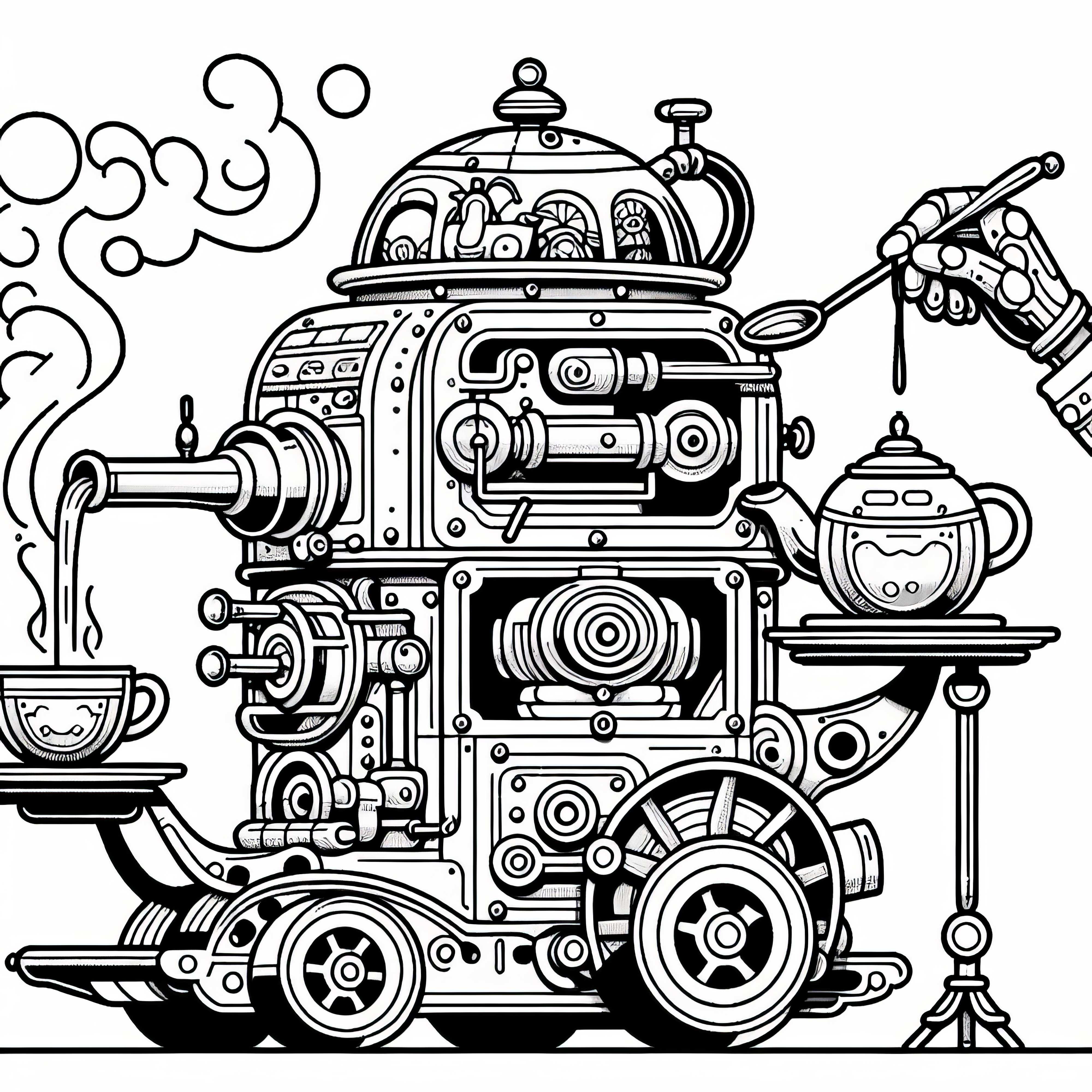 Mesin teh beruap menyajikan teh di atas nampan – Template mewarnai Steampunk gratis