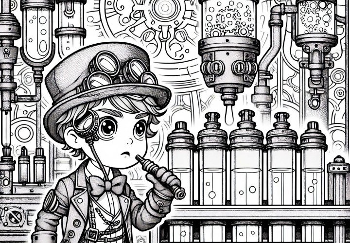 Anak dengan monokel dan sarung tangan menjelajahi laboratorium rahasia – Template mewarnai Steampunk gratis