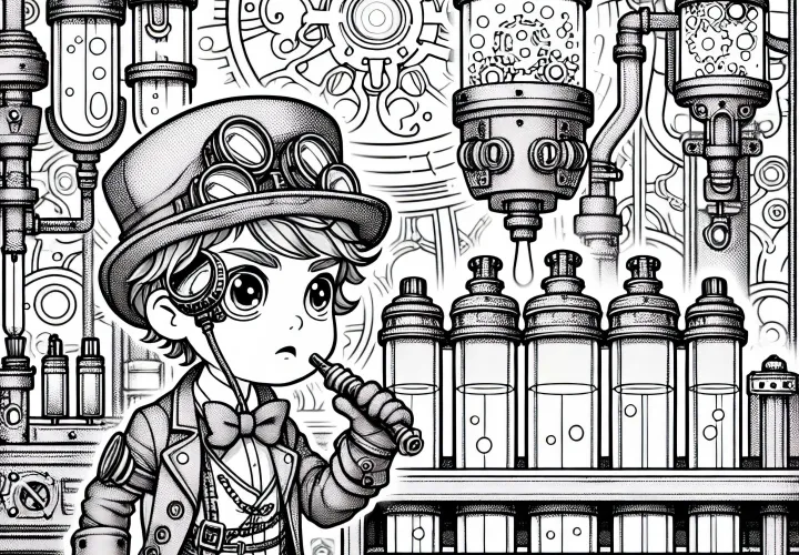 Anak dengan monokel dan sarung tangan menjelajahi laboratorium rahasia – Template mewarnai Steampunk gratis