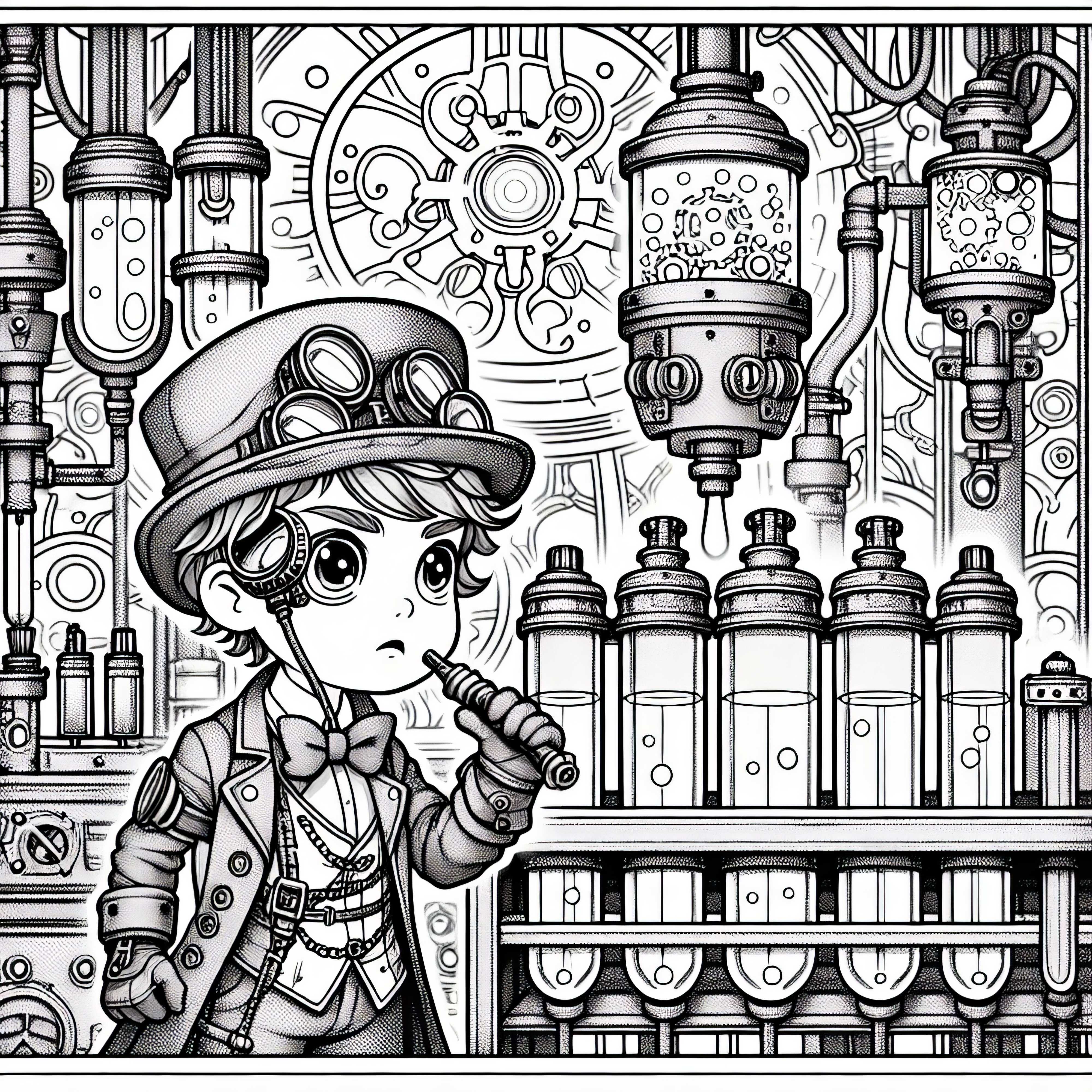 Anak dengan monokel dan sarung tangan menjelajahi laboratorium rahasia - Template mewarnai Steampunk gratis