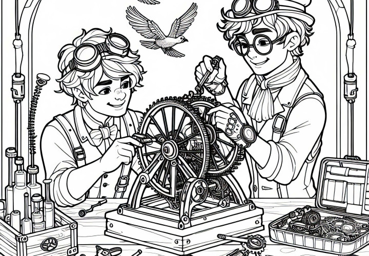 Dua teman membangun mesin - Gambar mewarnai dalam gaya Steampunk gratis