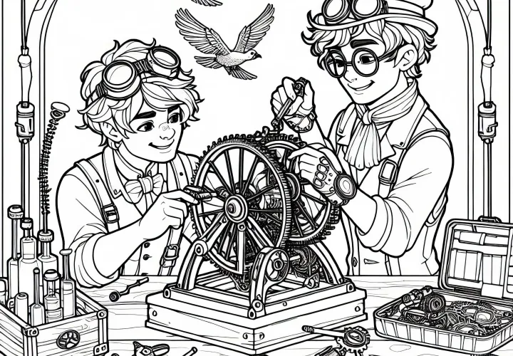 Dua teman membangun mesin - Gambar mewarnai dalam gaya Steampunk gratis