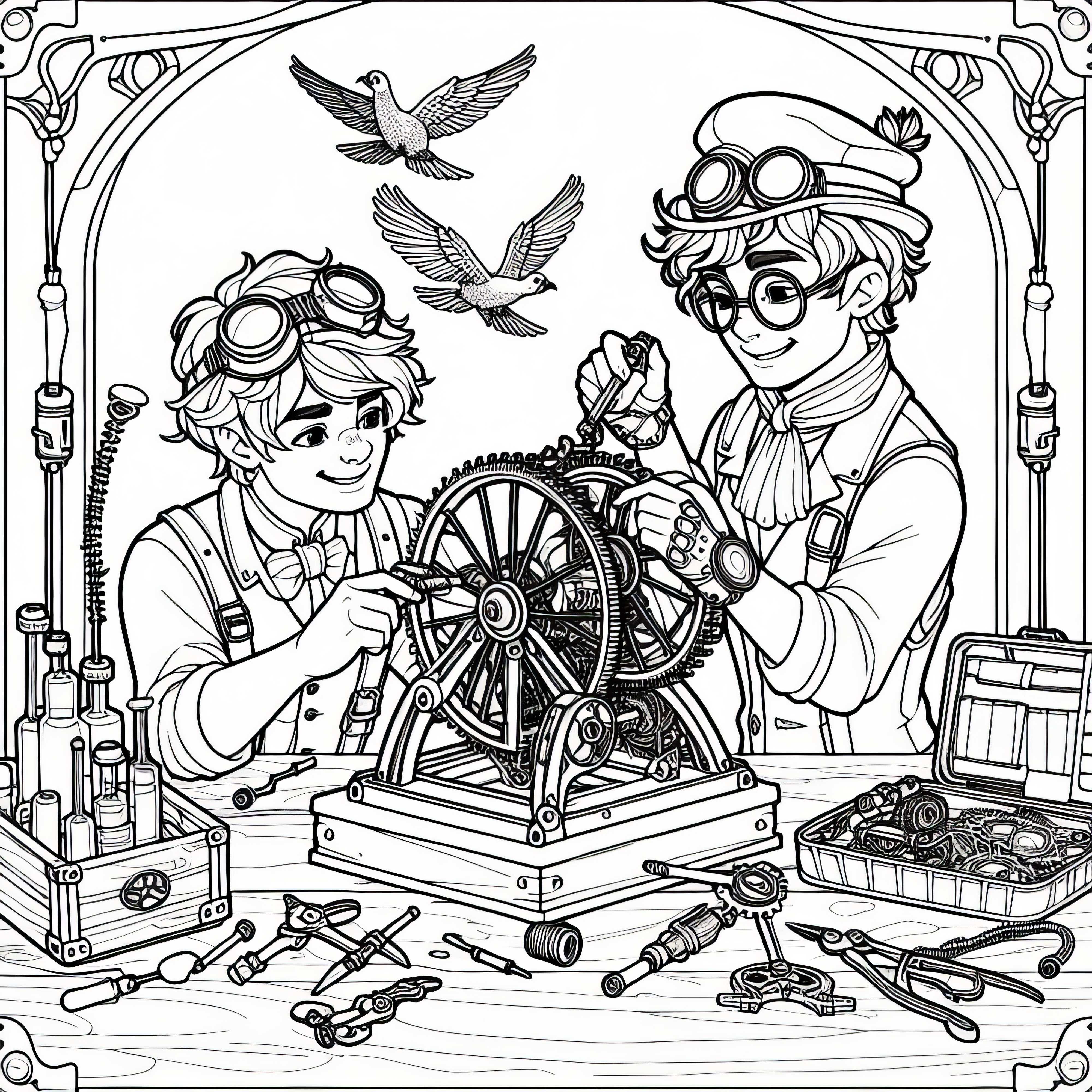 Dua teman membangun sebuah mesin - Gambar mewarnai bergaya Steampunk gratis