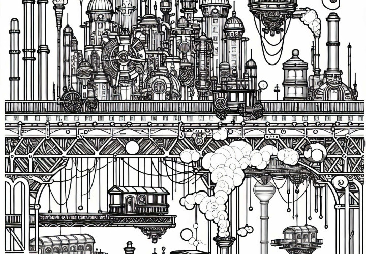 Kota Steampunk dengan platform melayang dan jembatan besi - Template mewarnai gratis