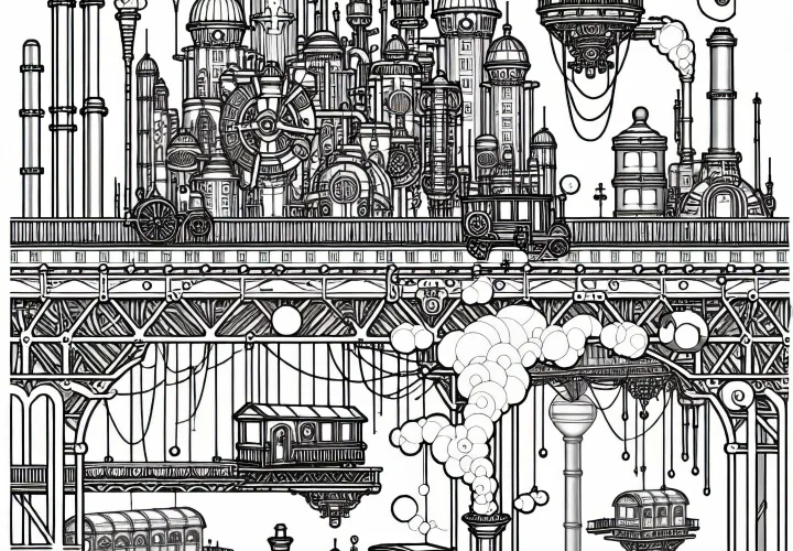 Kota Steampunk dengan platform melayang dan jembatan besi - Template mewarnai gratis