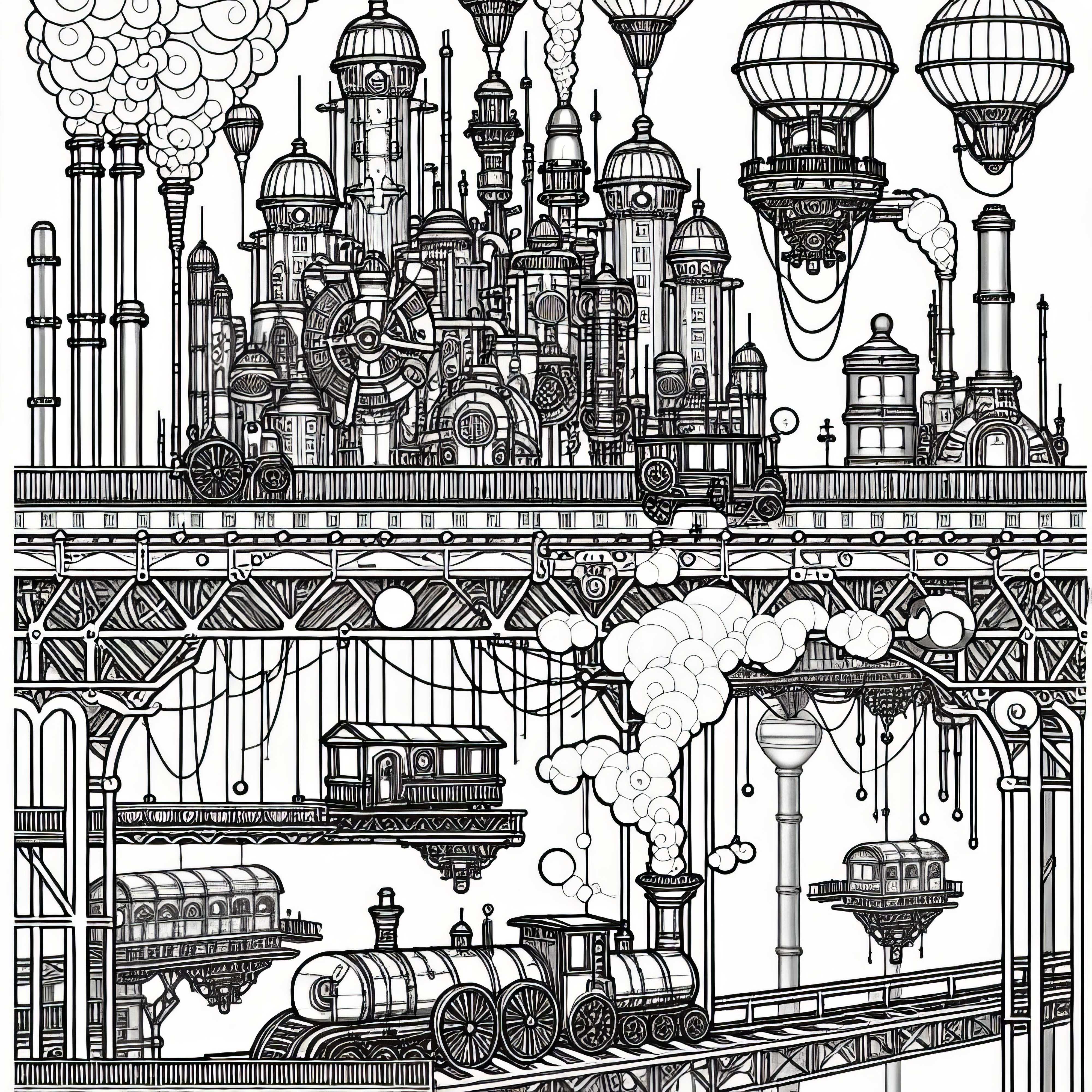 Kota Steampunk dengan platform melayang dan jembatan besi - cetak gambar gratis