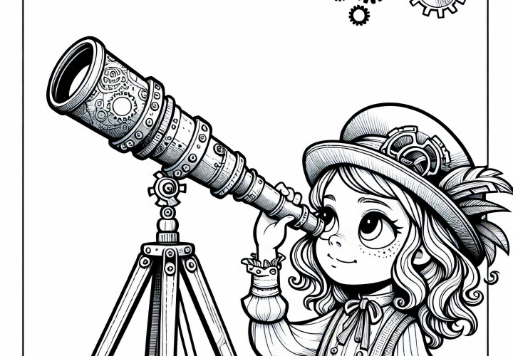 Peneliti kecil melihat melalui teleskop yang dibuat sendiri - Template mewarnai Steampunk gratis
