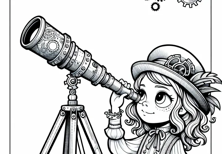 Peneliti kecil melihat melalui teleskop yang dibuat sendiri - Template mewarnai Steampunk gratis