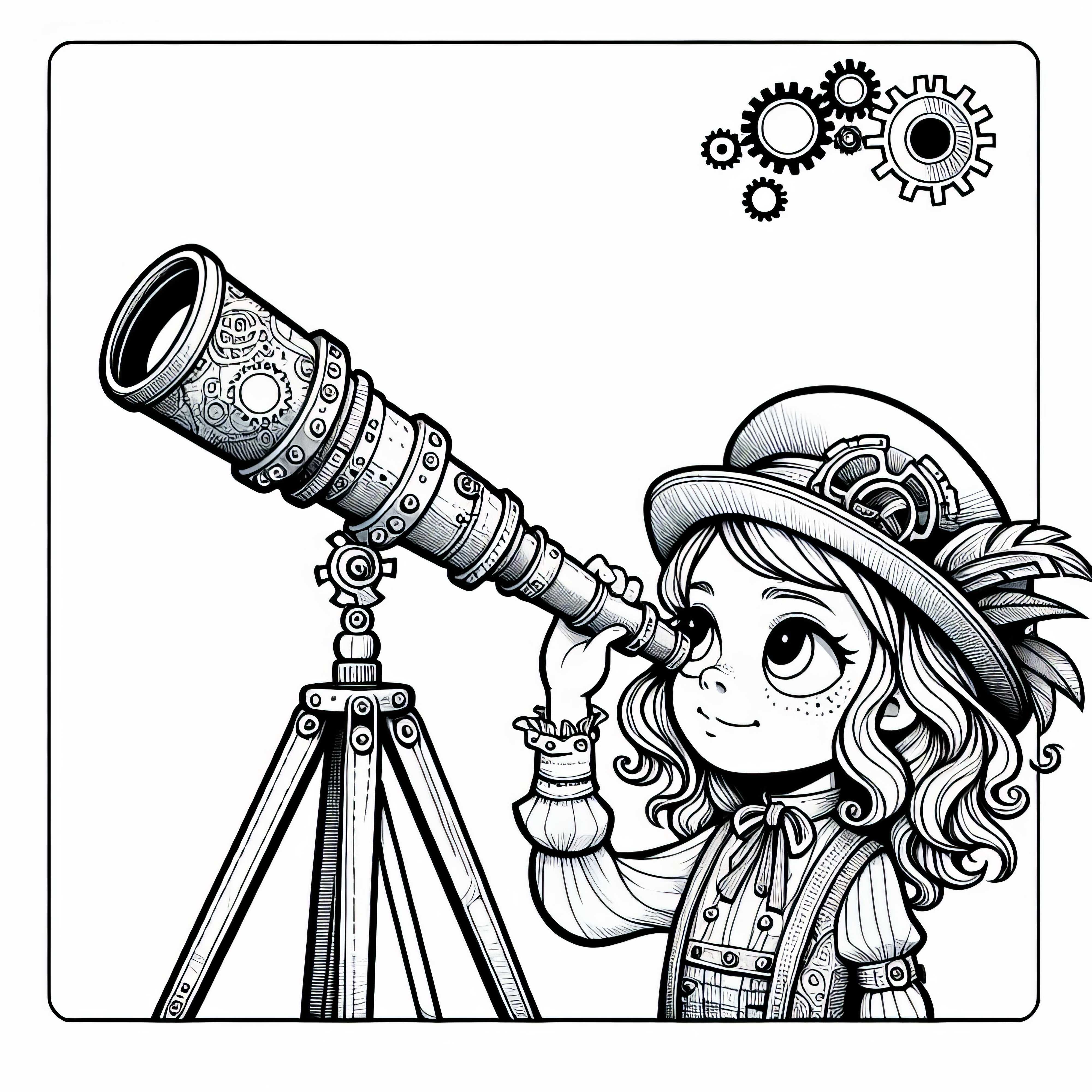 Peneliti kecil melihat melalui teleskop yang dibuat sendiri - Template mewarnai Steampunk gratis