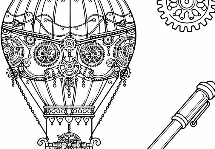 Gambar pewarnaan perjalanan balon udara dengan keranjang logam dalam gaya steampunk