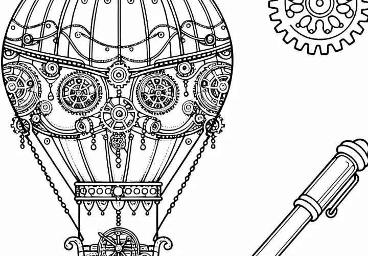 Gambar pewarnaan perjalanan balon udara dengan keranjang logam dalam gaya steampunk