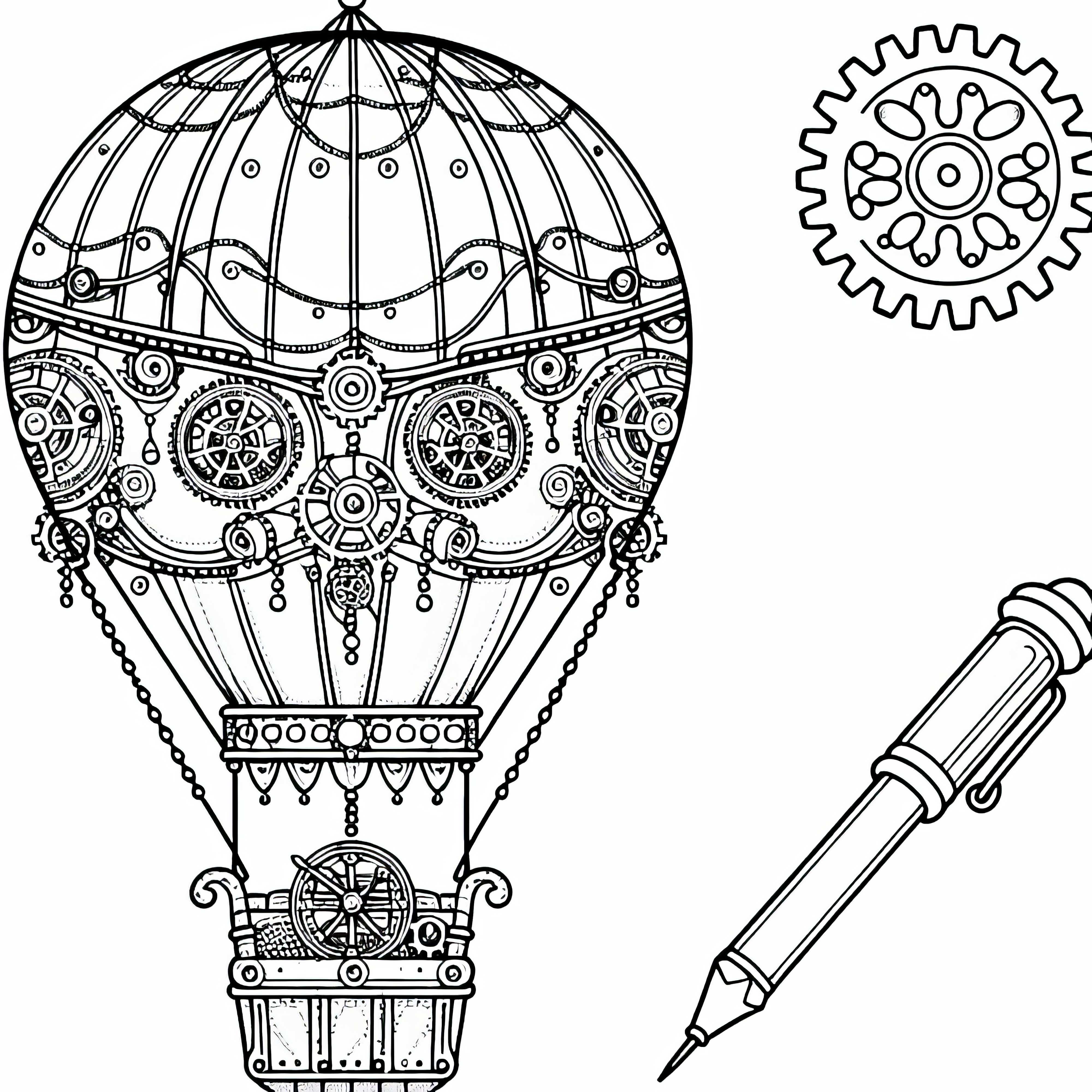 Gambar mewarnai perjalanan balon udara dengan keranjang metal dalam gaya steampunk