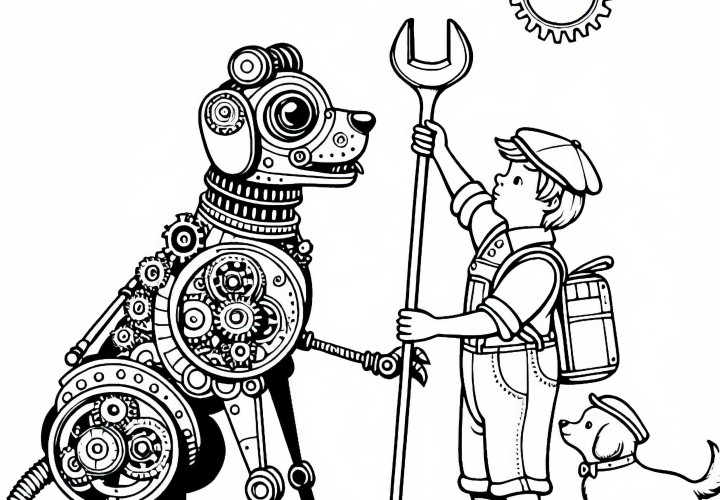 Anjing mekanik membawa kunci pas kepada anak – Gambar untuk diwarnai Steampunk Gratis