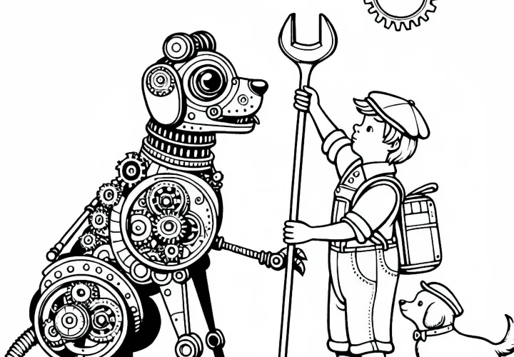 Anjing mekanik membawa kunci pas kepada anak – Gambar untuk diwarnai Steampunk Gratis