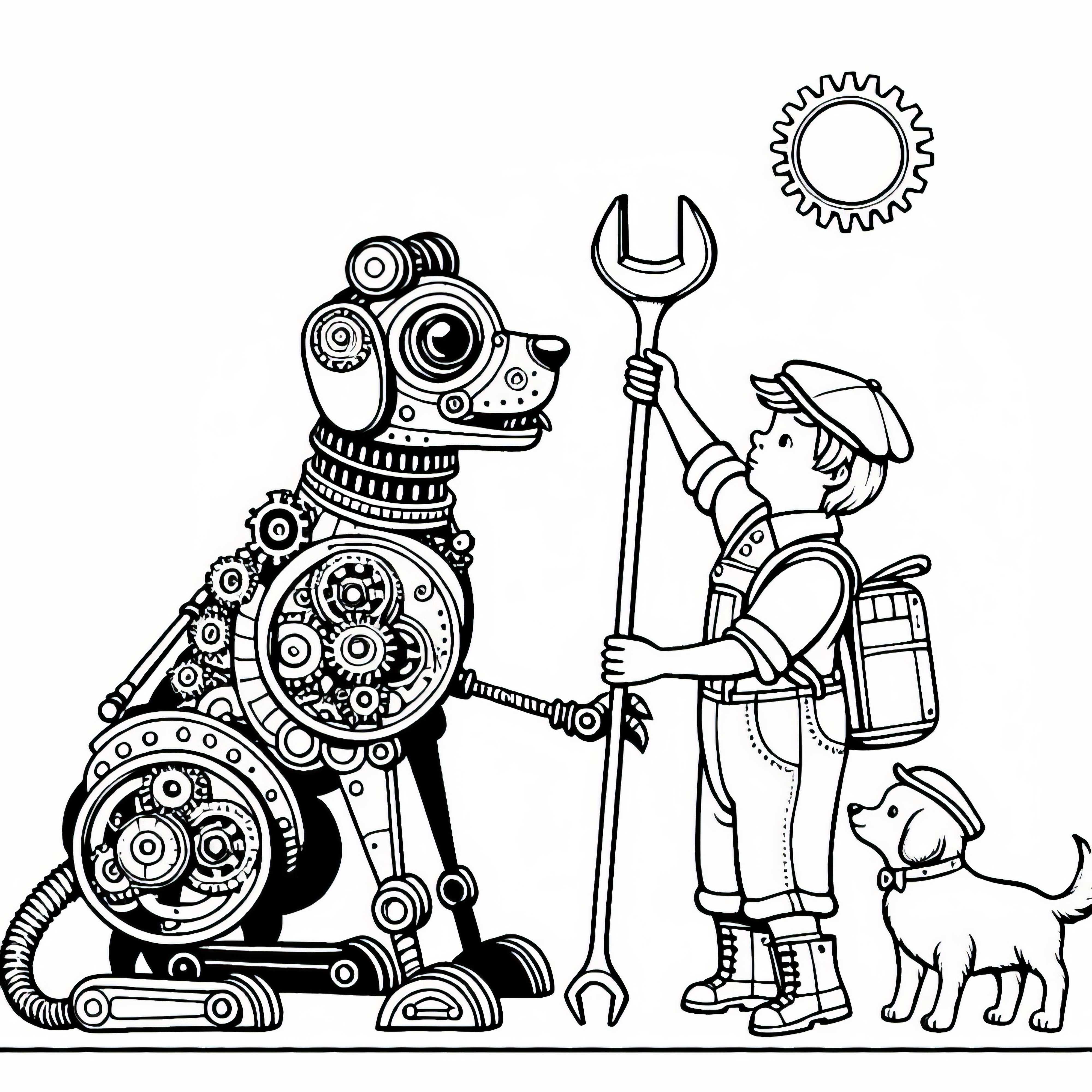 Anjing mekanis membawa kunci pas kepada anak – Gambar mewarnai Steampunk Gratis