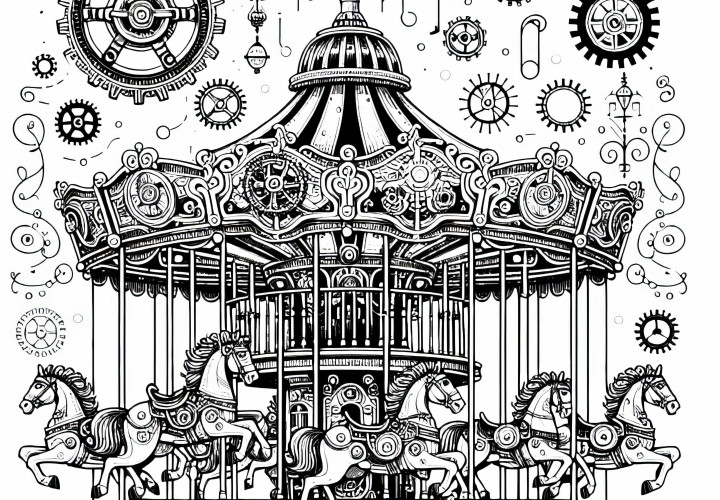 Gambar mewarnai karusel Viktorian dalam gaya Steampunk Gratis