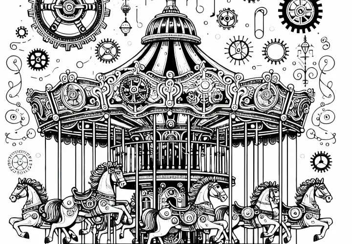 Gambar mewarnai karusel Viktorian dalam gaya Steampunk Gratis