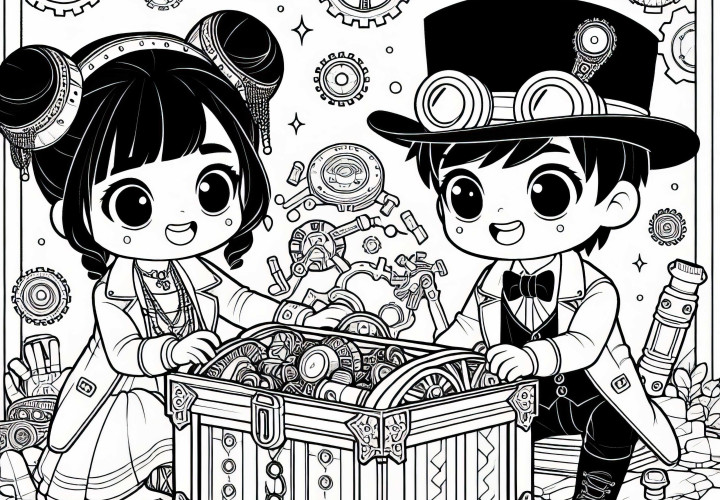 Dua anak dalam kostum Steampunk Menemukan Peti Harta Karun yang Misterius – Gambar untuk Diwarnai Gratis