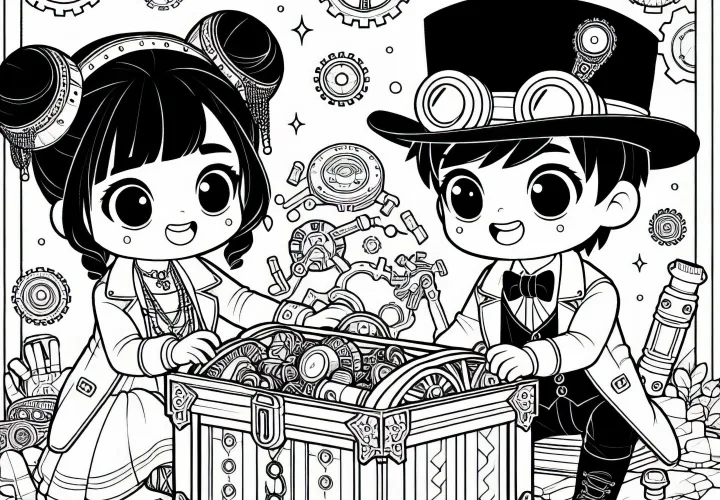 Dua anak dalam kostum Steampunk Menemukan Peti Harta Karun yang Misterius – Gambar untuk Diwarnai Gratis