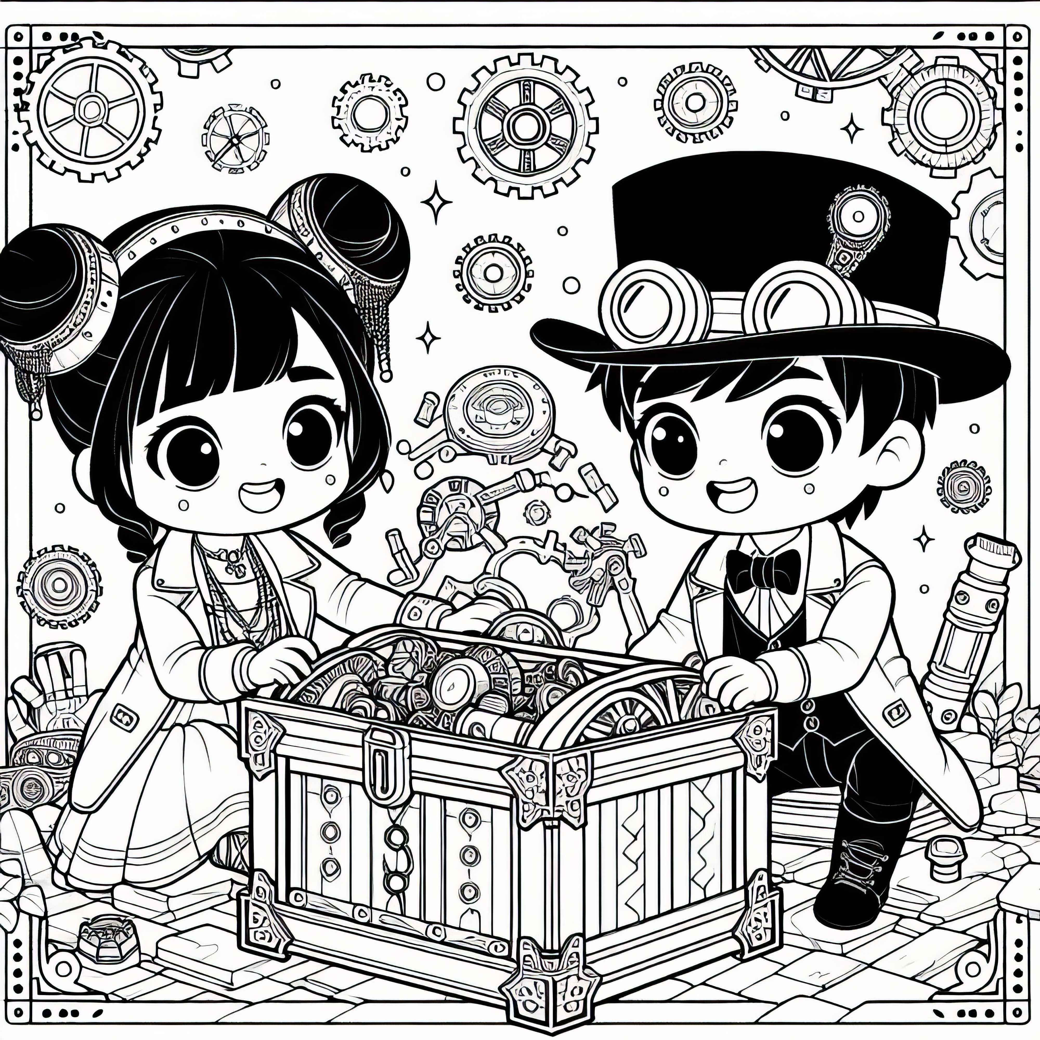 Dua anak dalam kostum Steampunk Menemukan Peti Harta Karun yang Misterius - Gambar untuk diwarnai Gratis