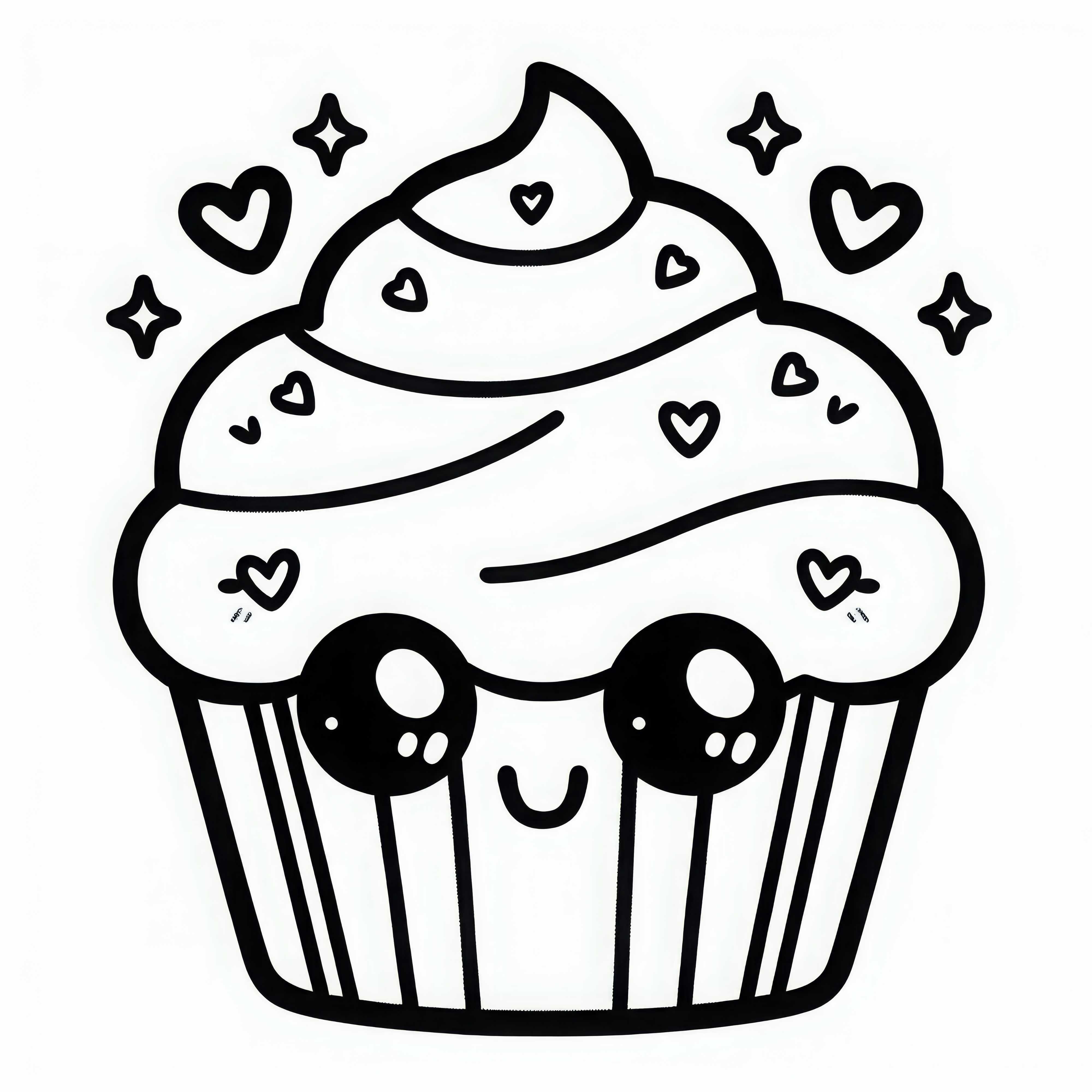 Kue Cupcake tersenyum dengan glasir hati sebagai contoh mewarnai - Gratis