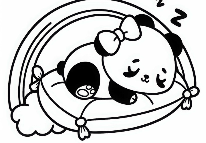 Panda dengan pita tidur melingkar di atas bantal pelangi - gambar untuk diwarnai gratis