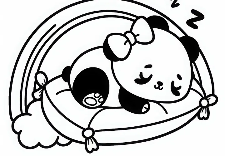 Panda dengan pita tidur melingkar di atas bantal pelangi - gambar untuk diwarnai gratis