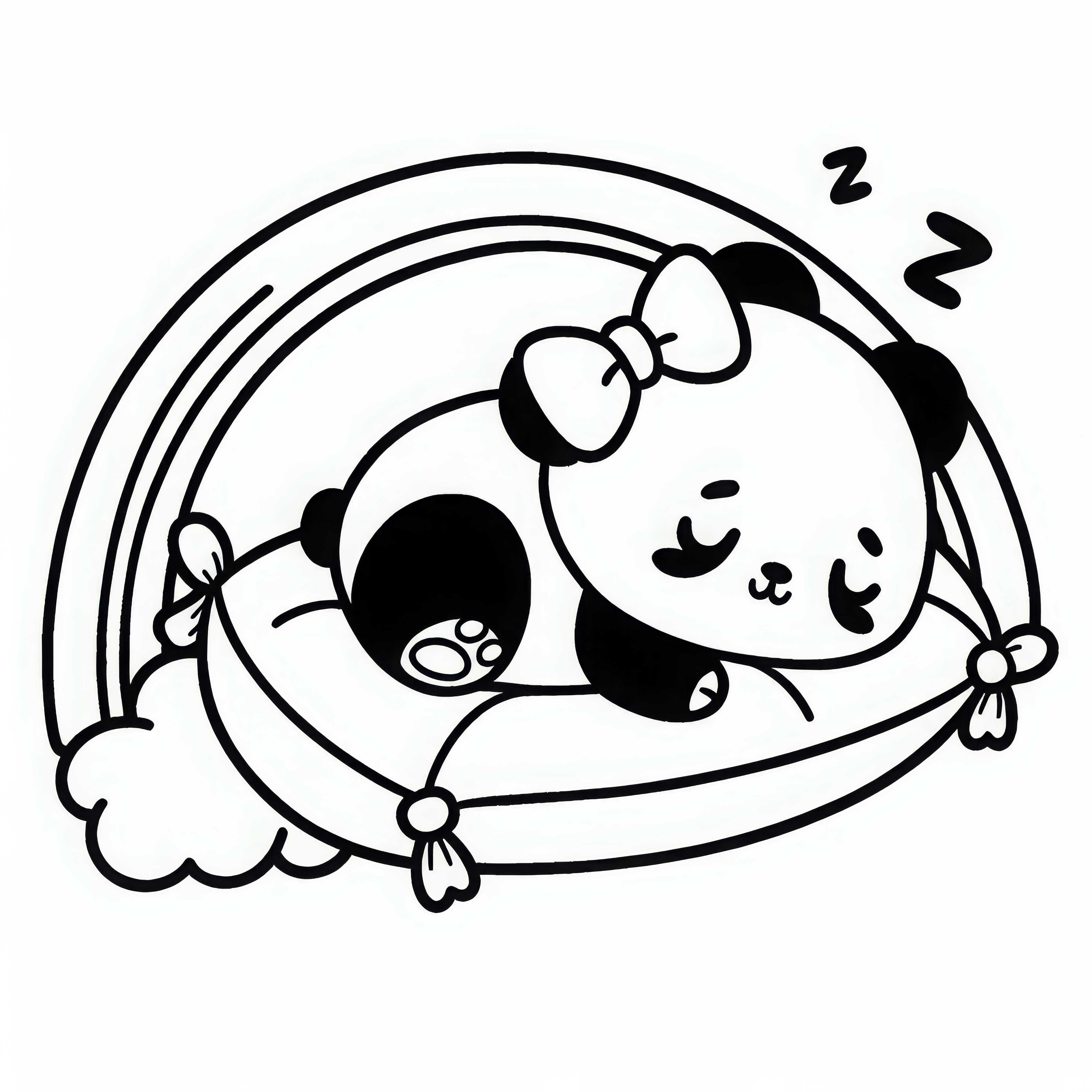 Panda dengan pita tidur melingkar di bantal pelangi - gambar untuk diwarnai gratis