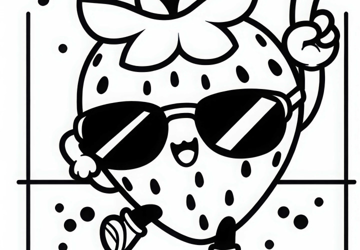 Stroberi dengan wajah menari mengikuti musik dan mengenakan kacamata hitam - Template mewarnai Kawaii gratis