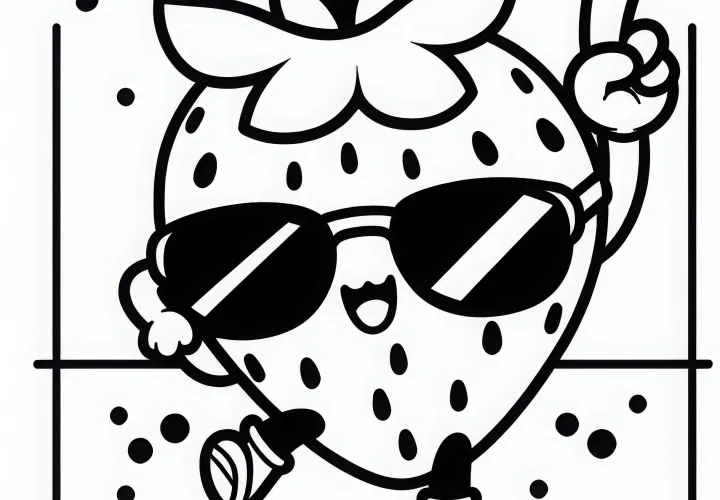 Stroberi dengan wajah menari mengikuti musik dan mengenakan kacamata hitam - Template mewarnai Kawaii gratis