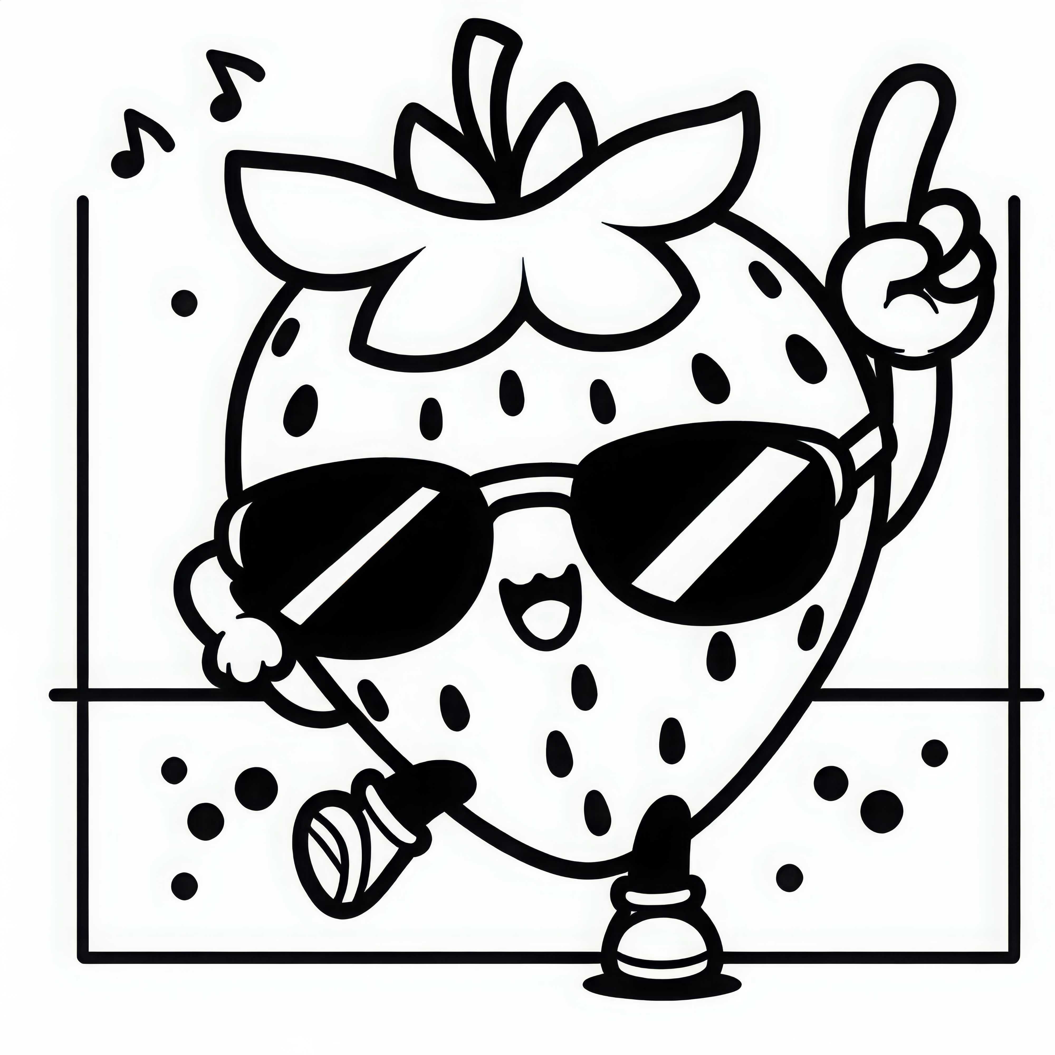 Strawberry with a face dances to the music and wears sunglasses - Kawaii coloring page free