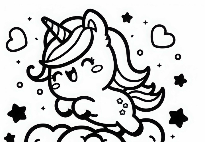 Unicorn lucu melompat ceria di atas awan berbulu – Template mewarnai gratis