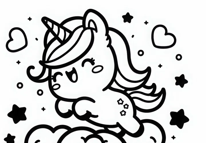 Unicorn lucu melompat ceria di atas awan berbulu – Template mewarnai gratis