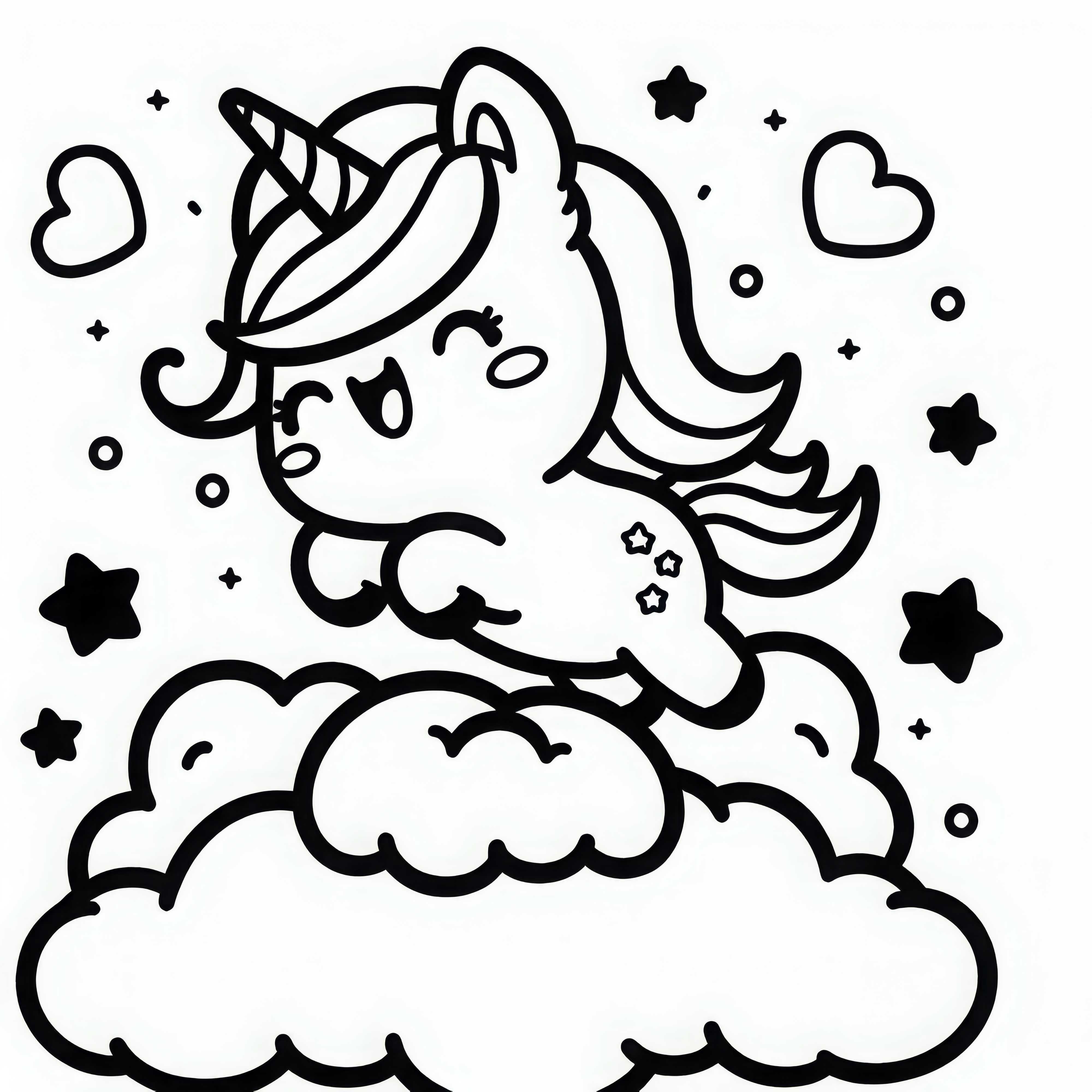 Kuda unicorn kawaii melompat dengan gembira di atas awan berbulu - Template mewarnai gratis