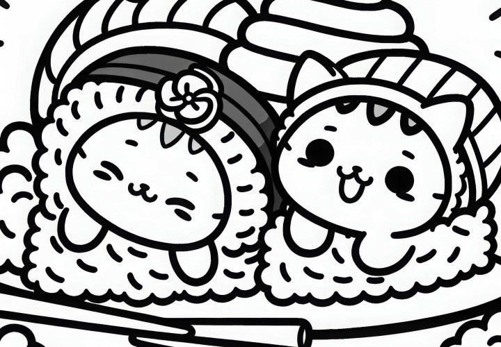 Dua kucing dalam kostum berbaring bahagia di atas tempat tidur beras - Buku gambar Kawaii gratis