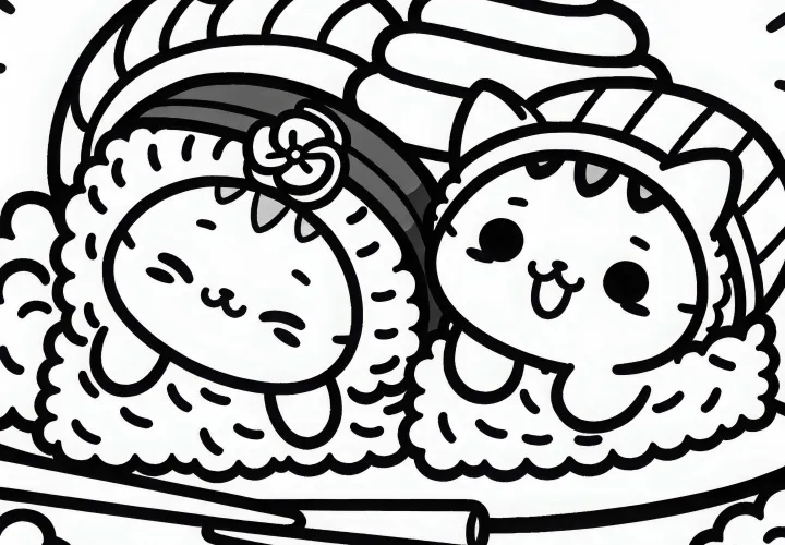 Dua kucing dalam kostum berbaring bahagia di atas tempat tidur beras - Buku gambar Kawaii gratis
