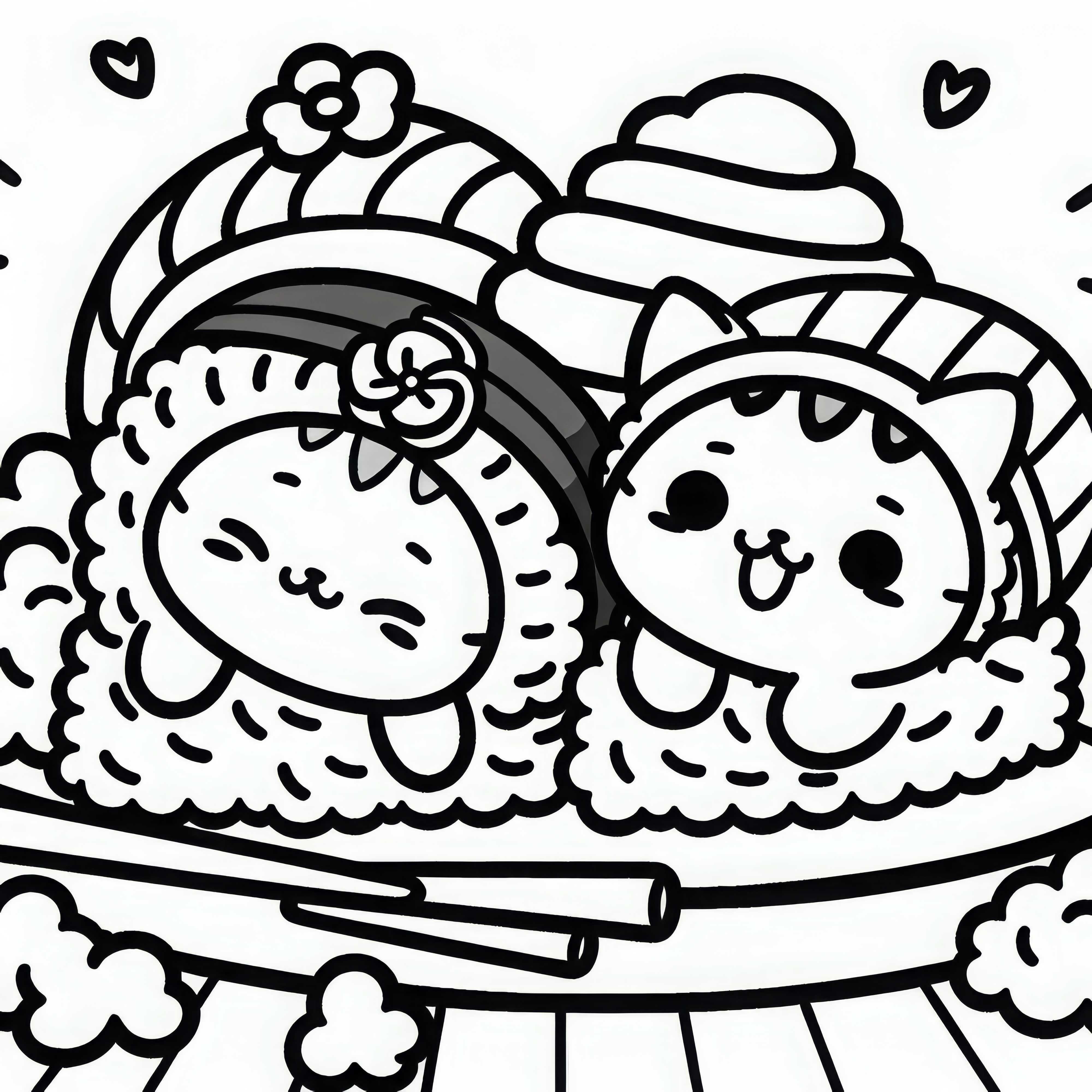 Dua kucing dalam kostum berbaring bahagia di atas ranjang beras - Contoh gambar Kawaii gratis