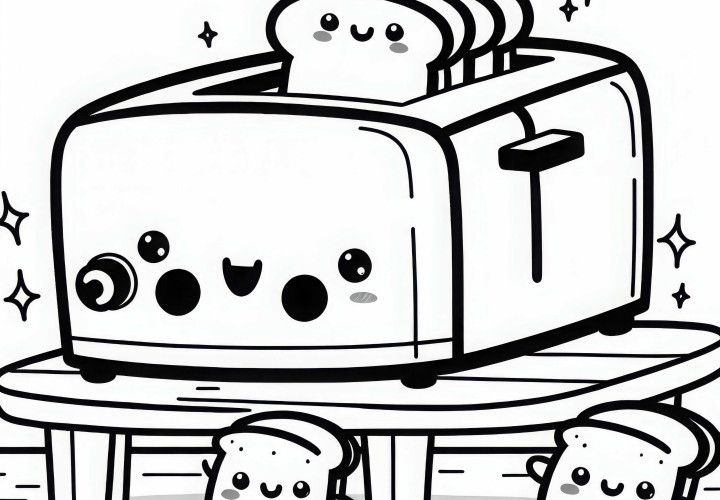 Toaster Kawaii dengan roti bakar tersenyum melompat di atas meja sarapan - template mewarnai gratis
