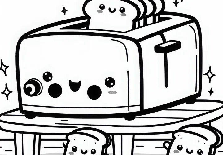 Toaster Kawaii dengan roti bakar tersenyum melompat di atas meja sarapan - template mewarnai gratis