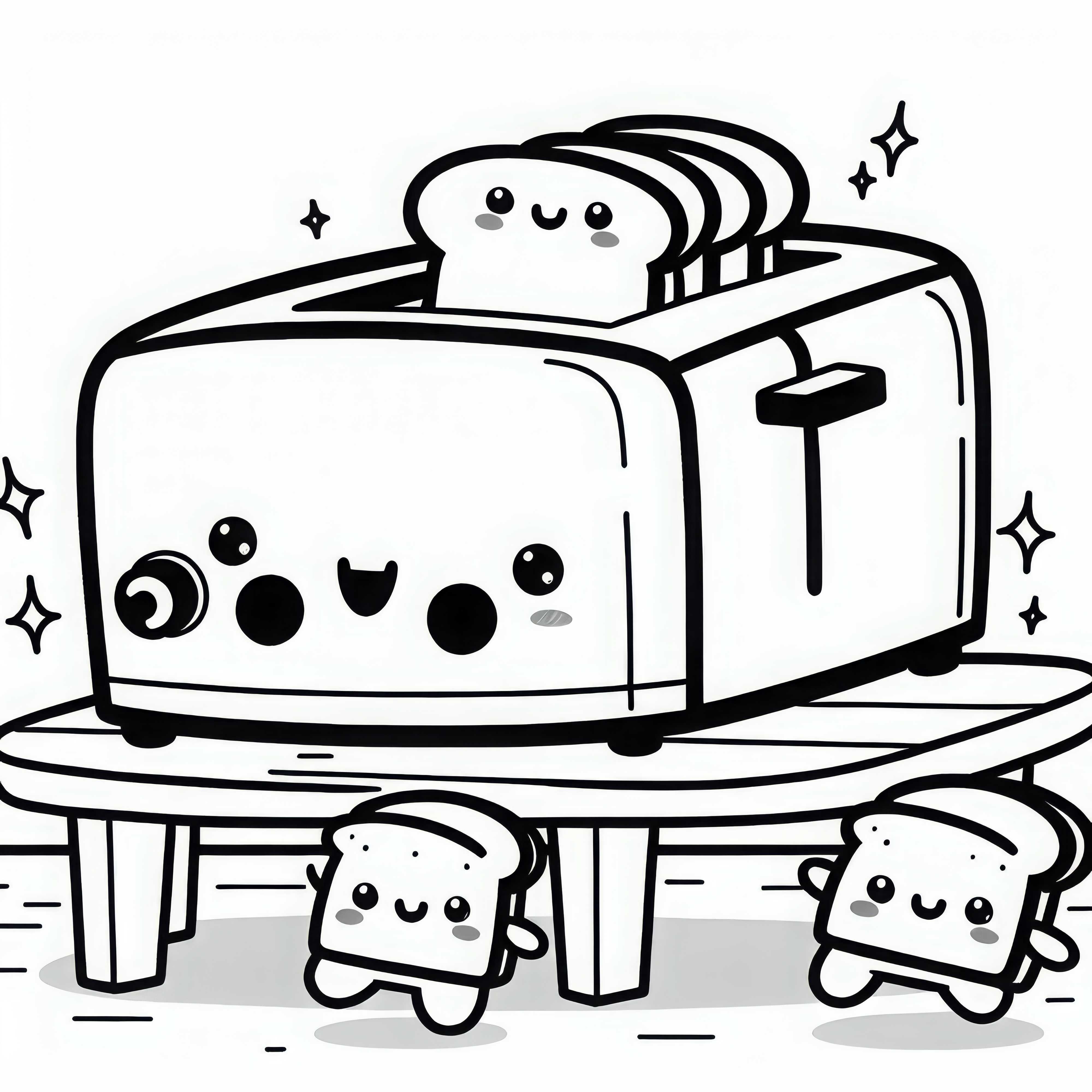 Toaster Kawaii dengan roti yang tersenyum melompat di atas meja sarapan - Template mewarnai gratis