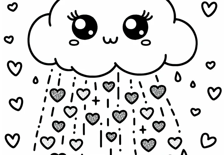 Awan dengan mata menurunkan hati berkilau kecil – Gambar mewarnai Kawaii gratis