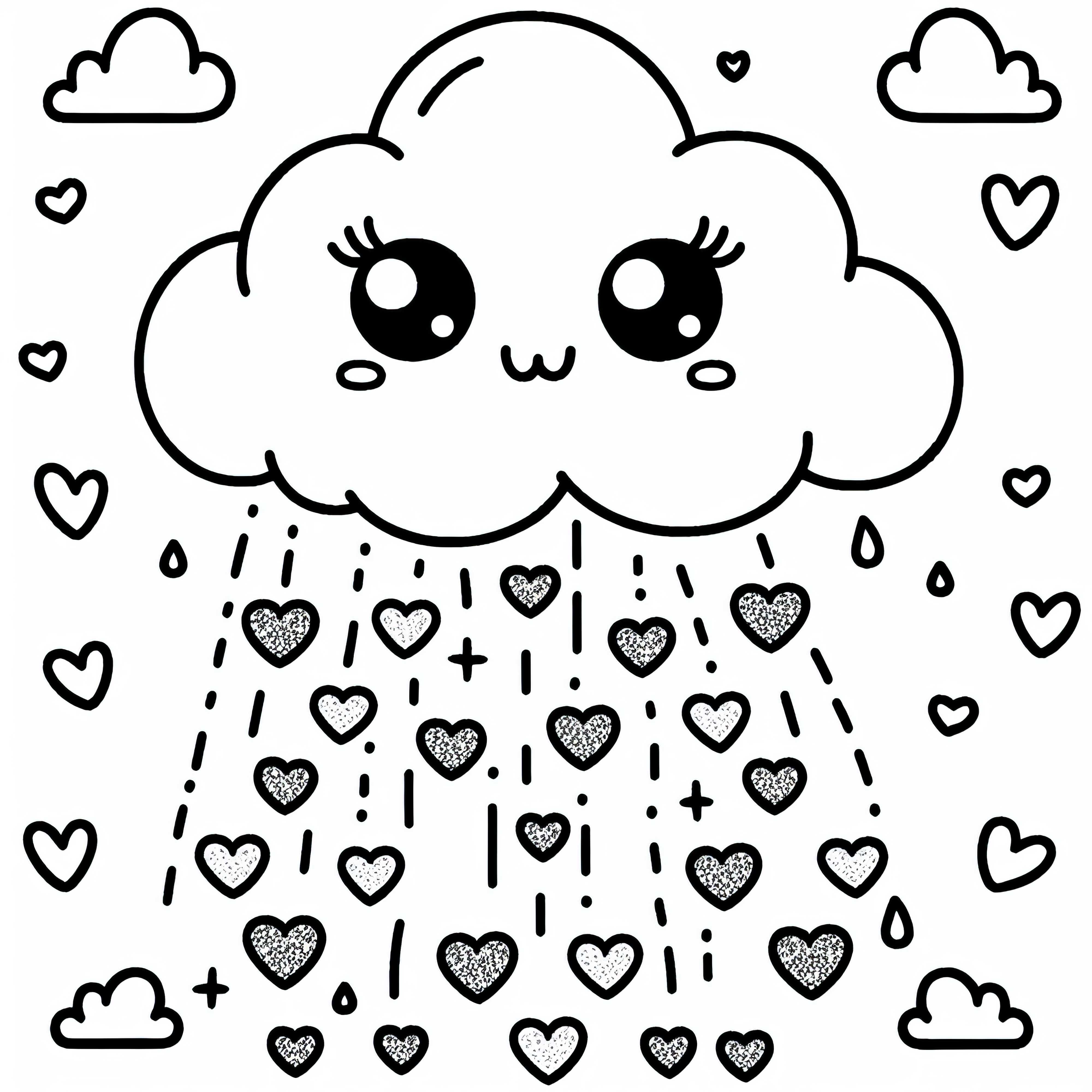 Awan dengan mata menurunkan hati berkilau kecil - Gambar mewarnai Kawaii gratis