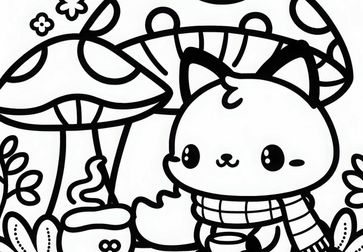 Rubah Kawaii duduk dengan syal di bawah jamur dan minum teh - Gambar untuk diwarnai gratis