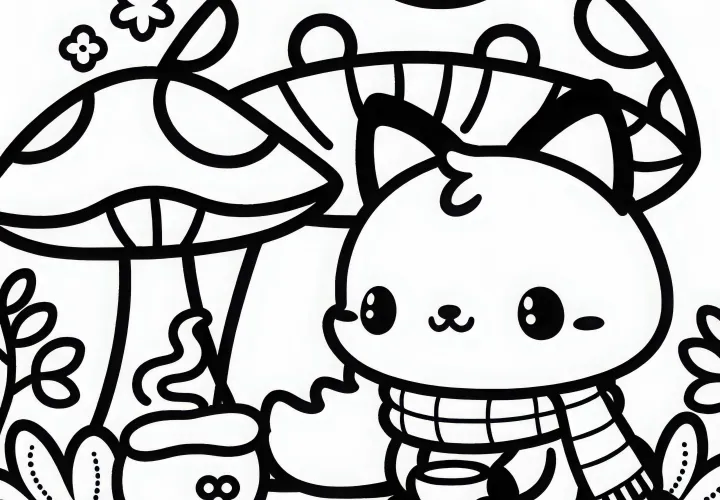 Rubah Kawaii duduk dengan syal di bawah jamur dan minum teh - Gambar untuk diwarnai gratis