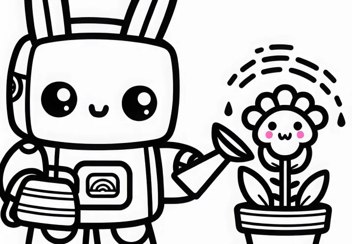 Robot dengan telinga kelinci menyiram bunga - Gambar untuk diwarnai Kawaii gratis